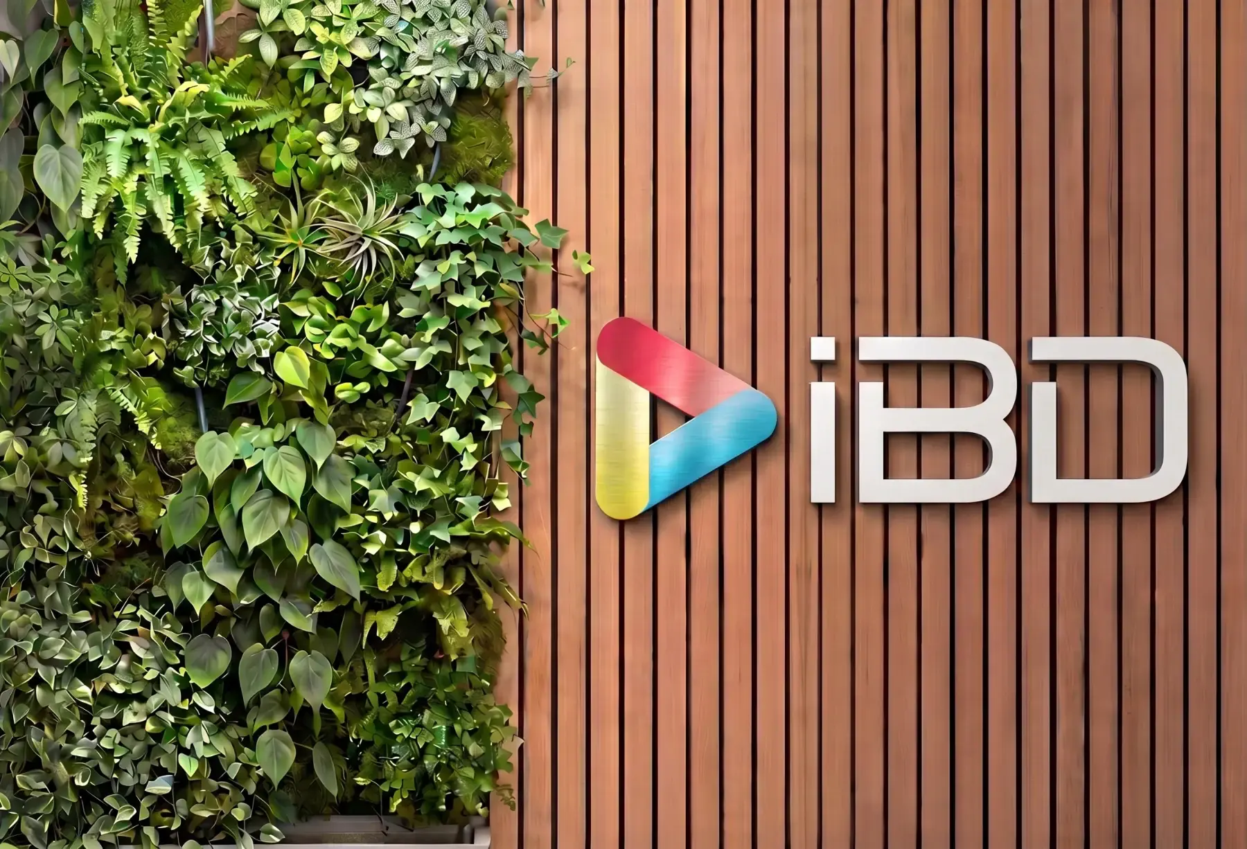 Logo IBD en pared madera con jardín vertical