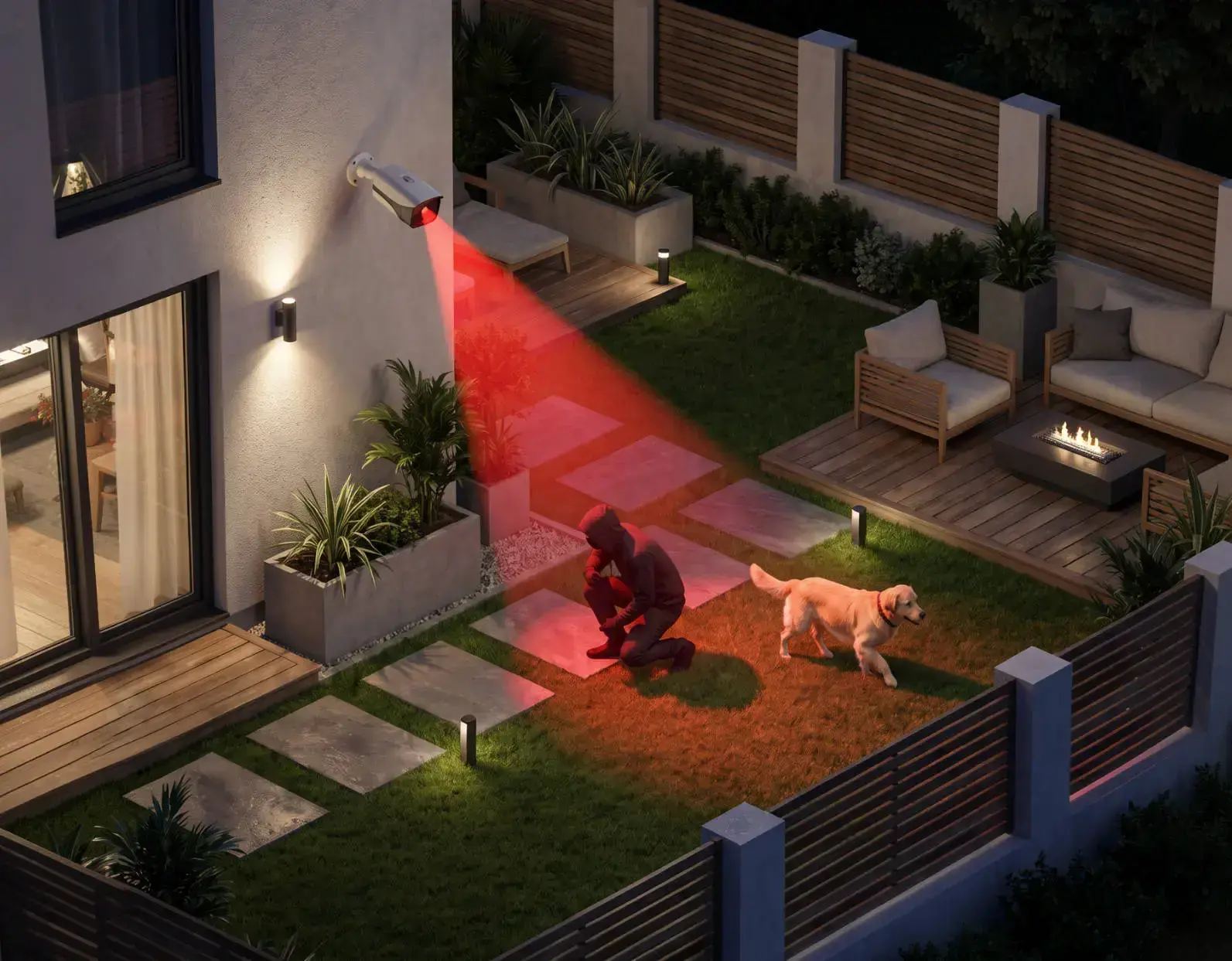 Ilustración detección de intrusión en jardín de vivienda