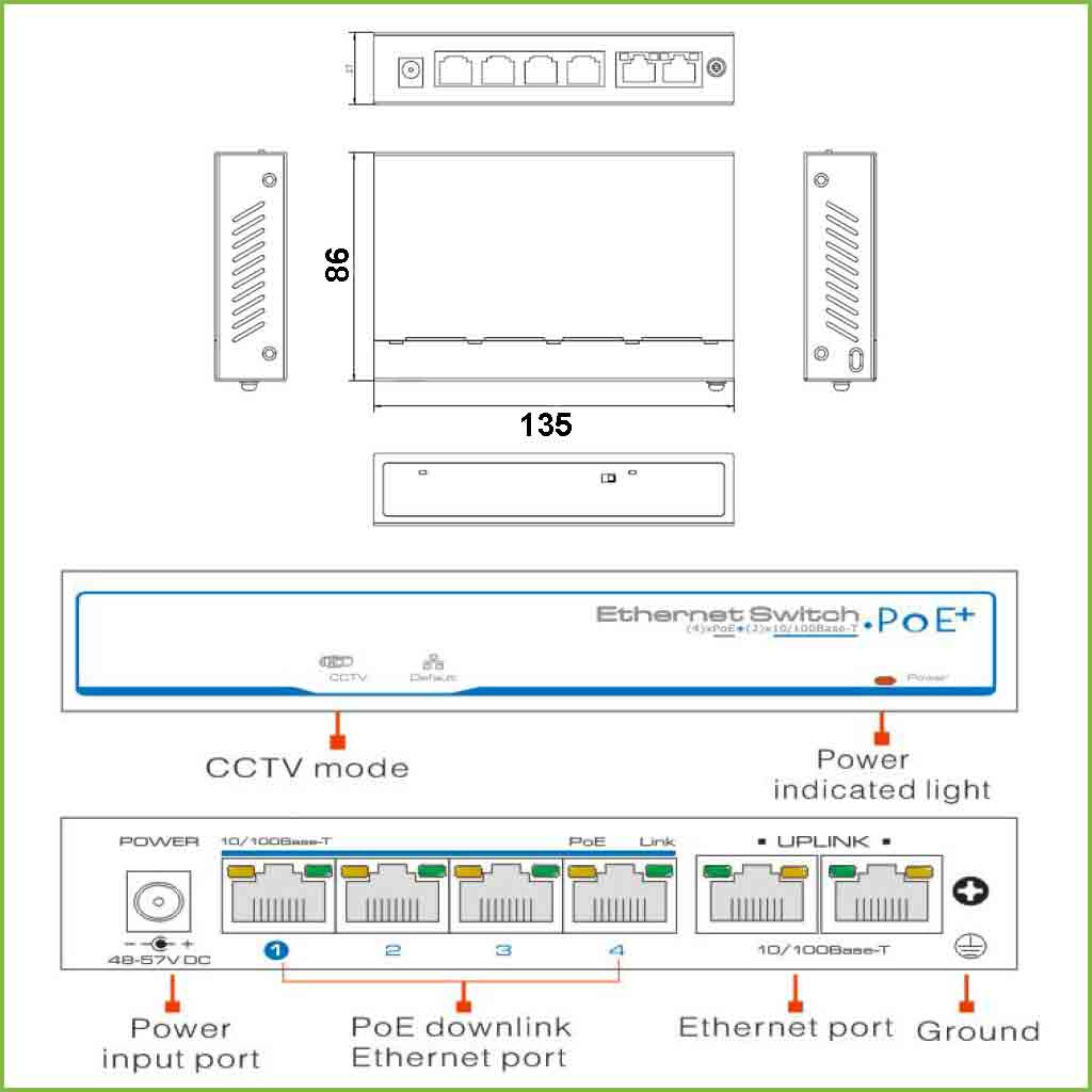 Switch PoE+ 4 puertos 10/100 + 2 Uplink 10/100 30W 802.3af/at 6KV - Modo CCTV 250m