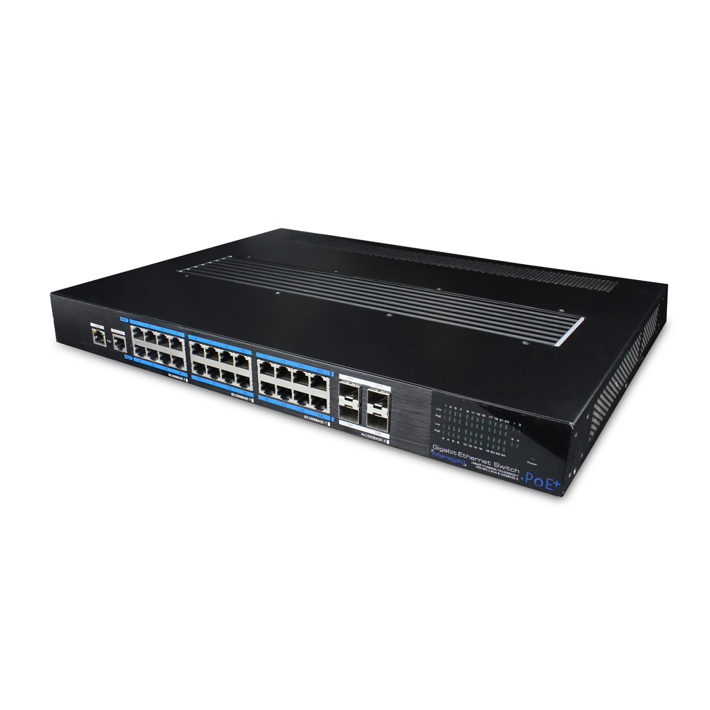 Switch Fast-Ring PoE+ 24 puertos Gigabit + 4 Uplink SFP Gigabit 350W 802.3af/at Manejable Layer 3 - Fan-Less