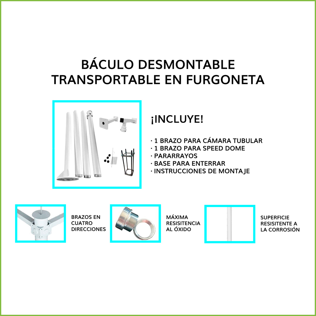Báculo desmontable de 6m de altura en acero galvanizado de color gris con soporte para cámara y speed dome