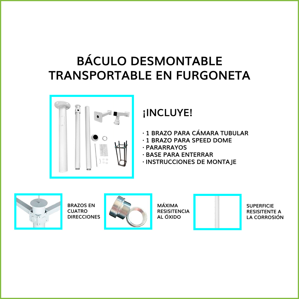 Báculo desmontable de 4,5m de altura en acero galvanizado de color negro con soporte para cámara y speed dome