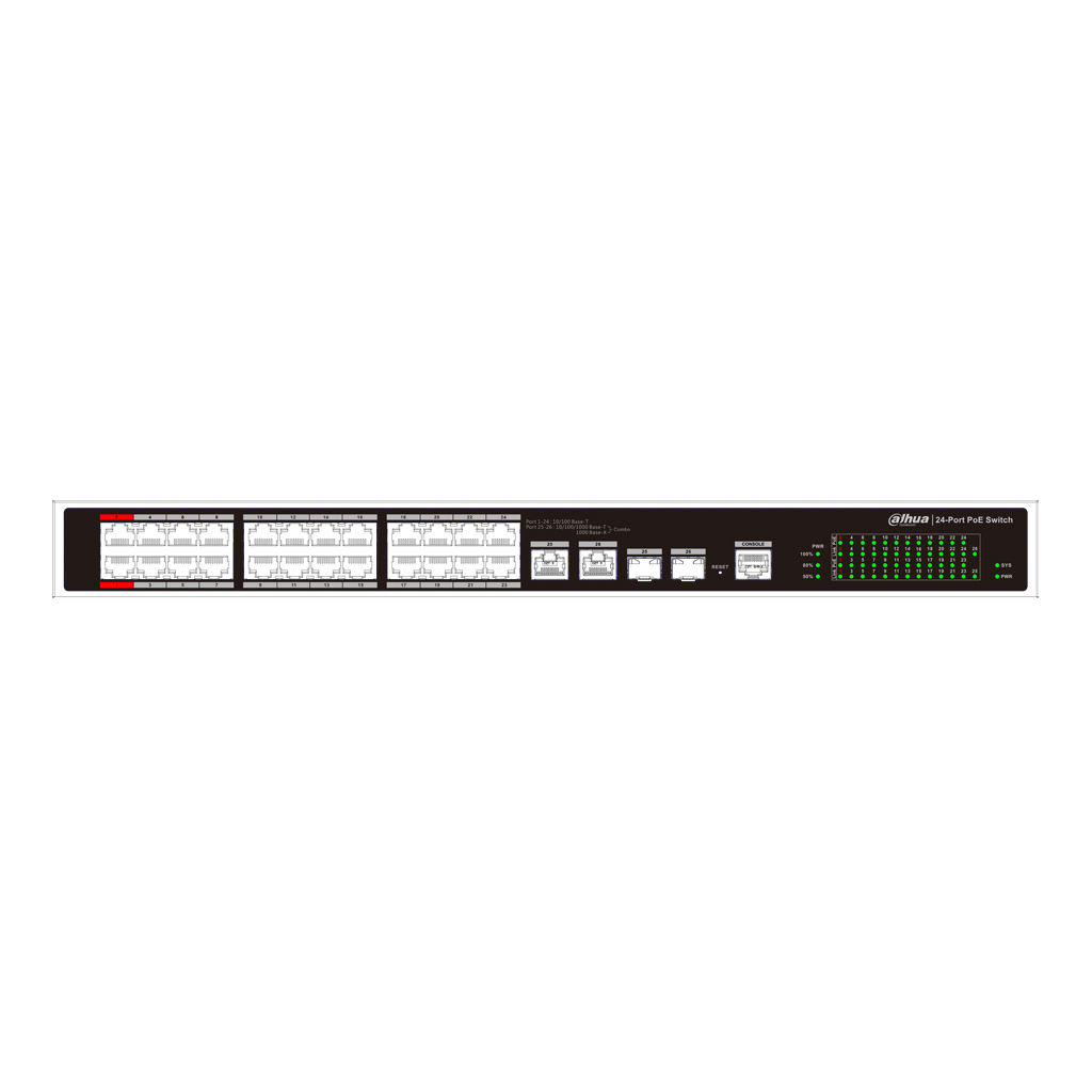 Switch PoE 2.0 24 puertos 10/100 + 2 Combo Gigabit RJ45/SFP Uplink 240W 802.3at Manejable Layer2