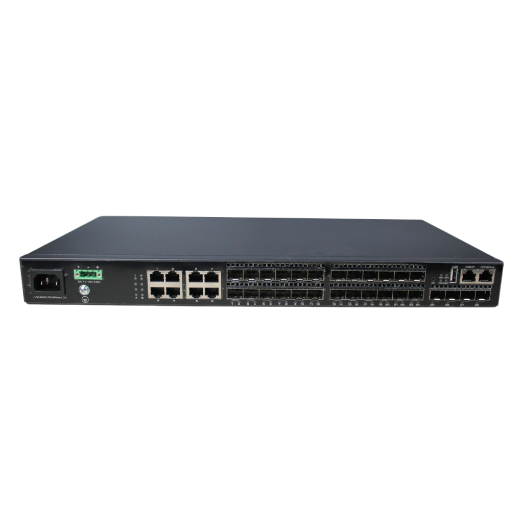 Switch 24 puertos Gigabit + 8 Uplink Gigabit Combo (RJ45/SFP) + 4 Uplink SFP+ 10Gbps 40W Manejable Layer3