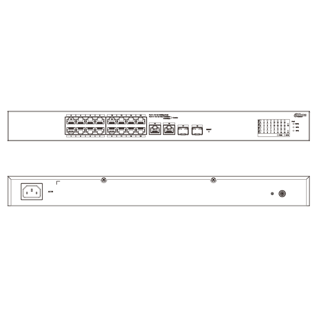 Switch PoE 16 puertos 10/100 + 2 Combo Gigabit RJ45/SFP Uplink 190W Manejable en Cloud Layer2