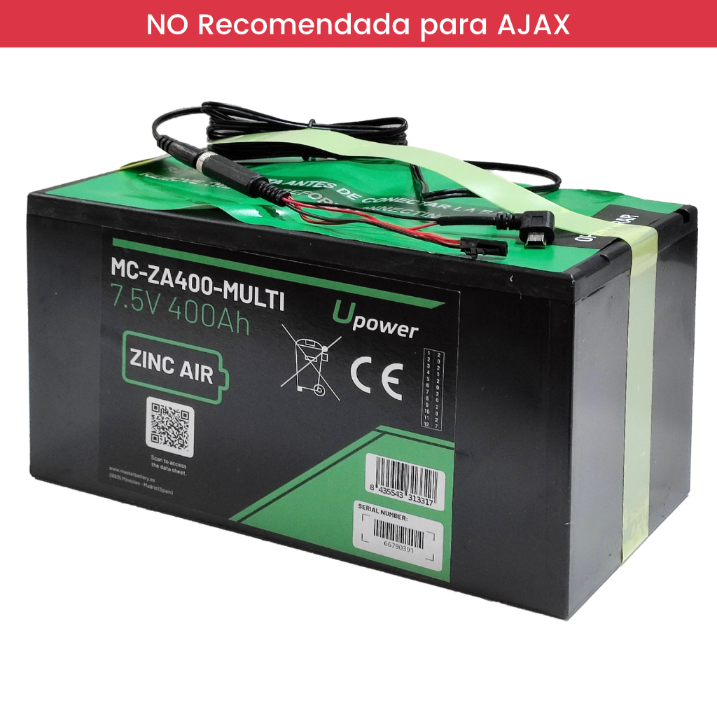 Batería de Zinc-Aire 7.5V-400Ah. Triple conector DC: Jack, mini USB y mólex. Hasta 6/8 Meses*