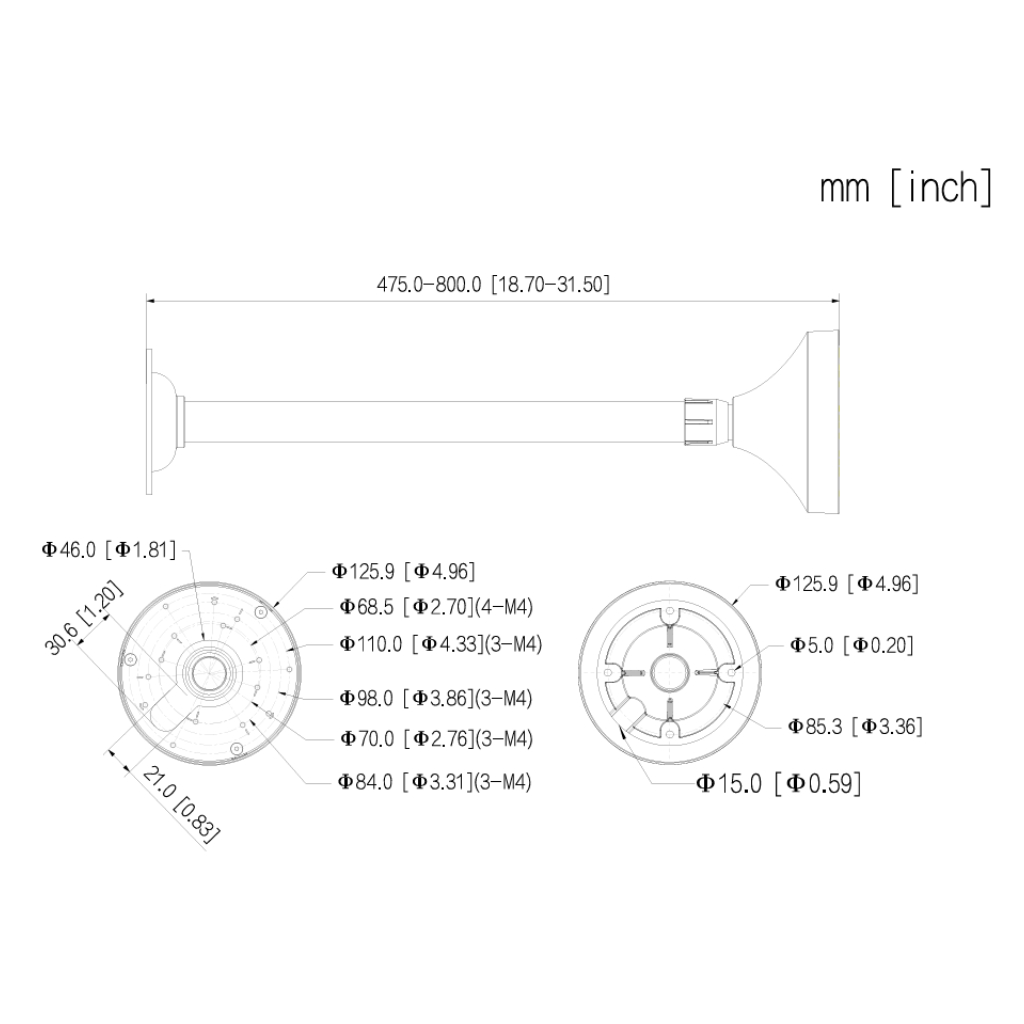 Soporte para montaje en techo para Domos. Ajustable 475-800mm