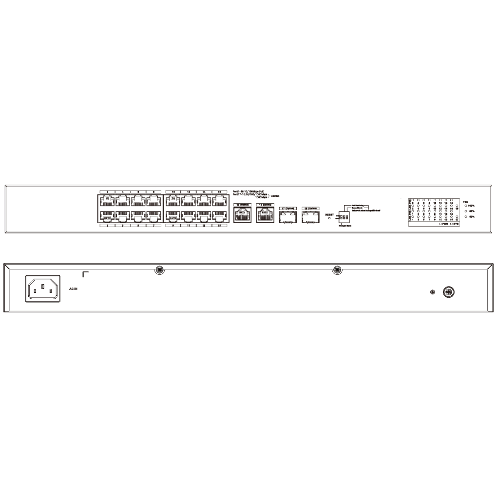 Switch PoE 16 puertos 10/100 + 2 Combo Gigabit RJ45/SFP Uplink 135W Gestionable en Cloud Layer2