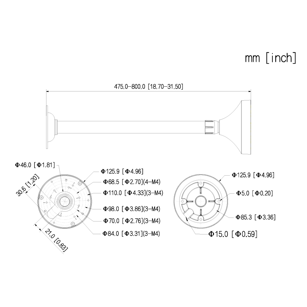 Soporte para montaje en techo para Domos. Ajustable 475-800mm
