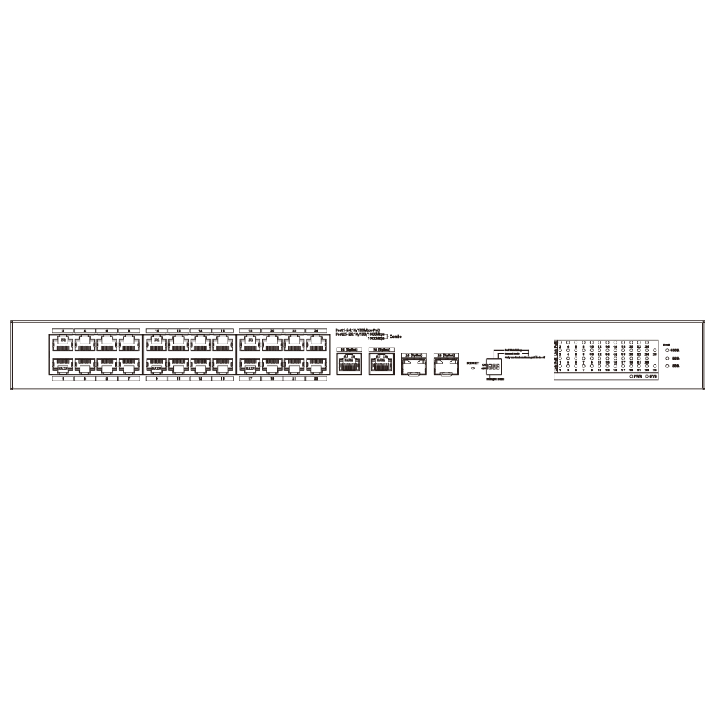 Switch PoE 24 puertos 10/100 + 2 Combo Gigabit RJ45/SFP Uplink 240W Gestionable en Cloud Layer2