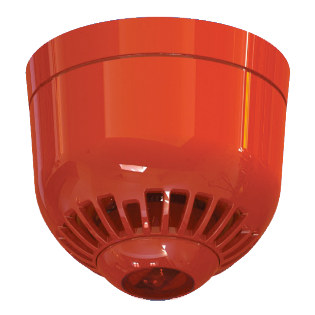 Sirena de policarbonato para interior. Montaje en techo. Lámpara lanzadestellos rojo 85 a 97 dB