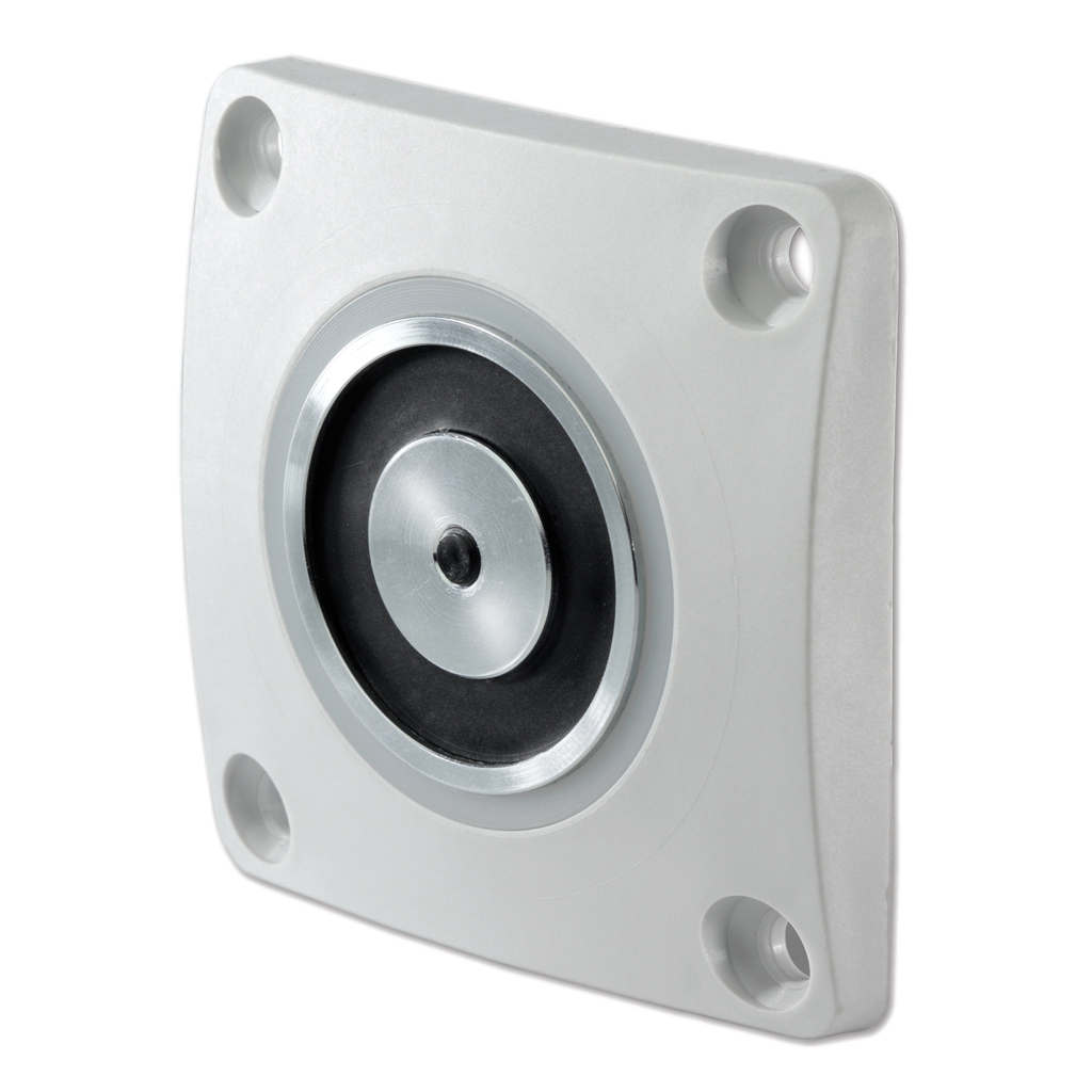 Retenedor electromagnético de 400N montaje empotrado. Incluye placa de retención con rótula