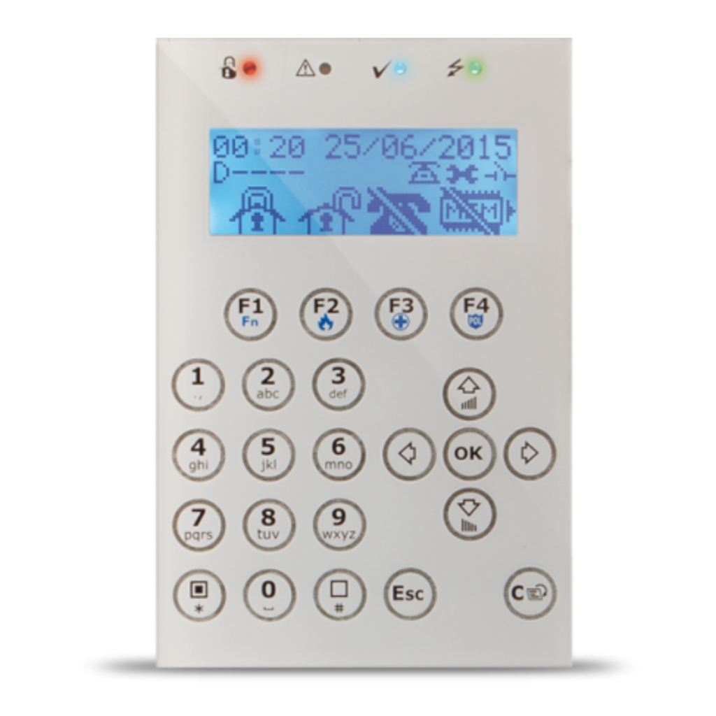 Teclado LCD. 4 leds de señalización. 1 terminal I/O. Color Blanco. Grado 3