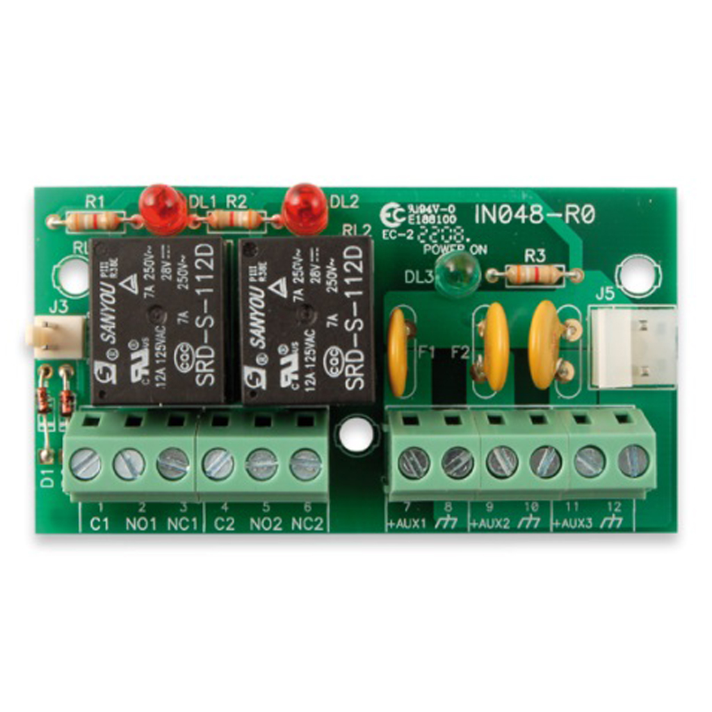 Módulo de 2 salidas de relé y distribución de alimentación en 3 salidas de 12V, 1A. Grado 3.