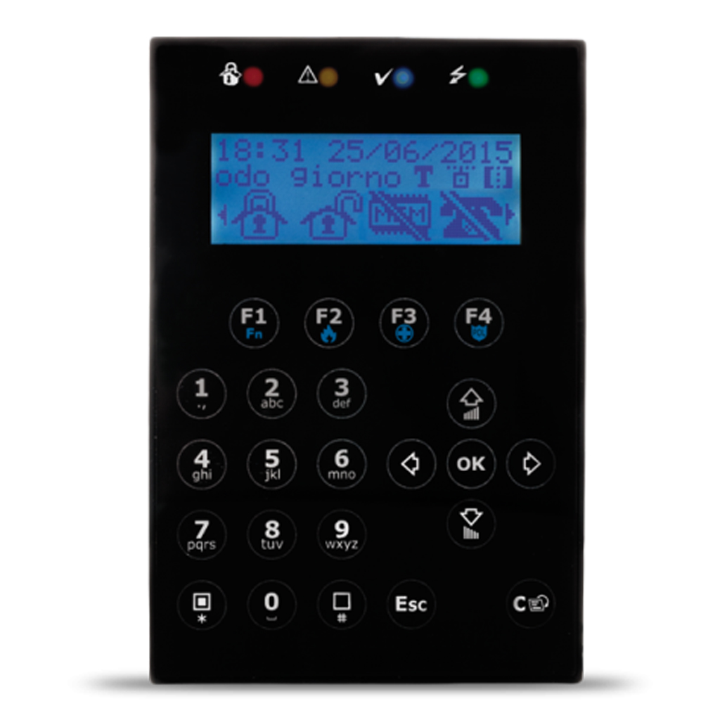 Teclado LCD. 4 leds de señalización. 1 terminal I/O. Color Negro. Grado 3.