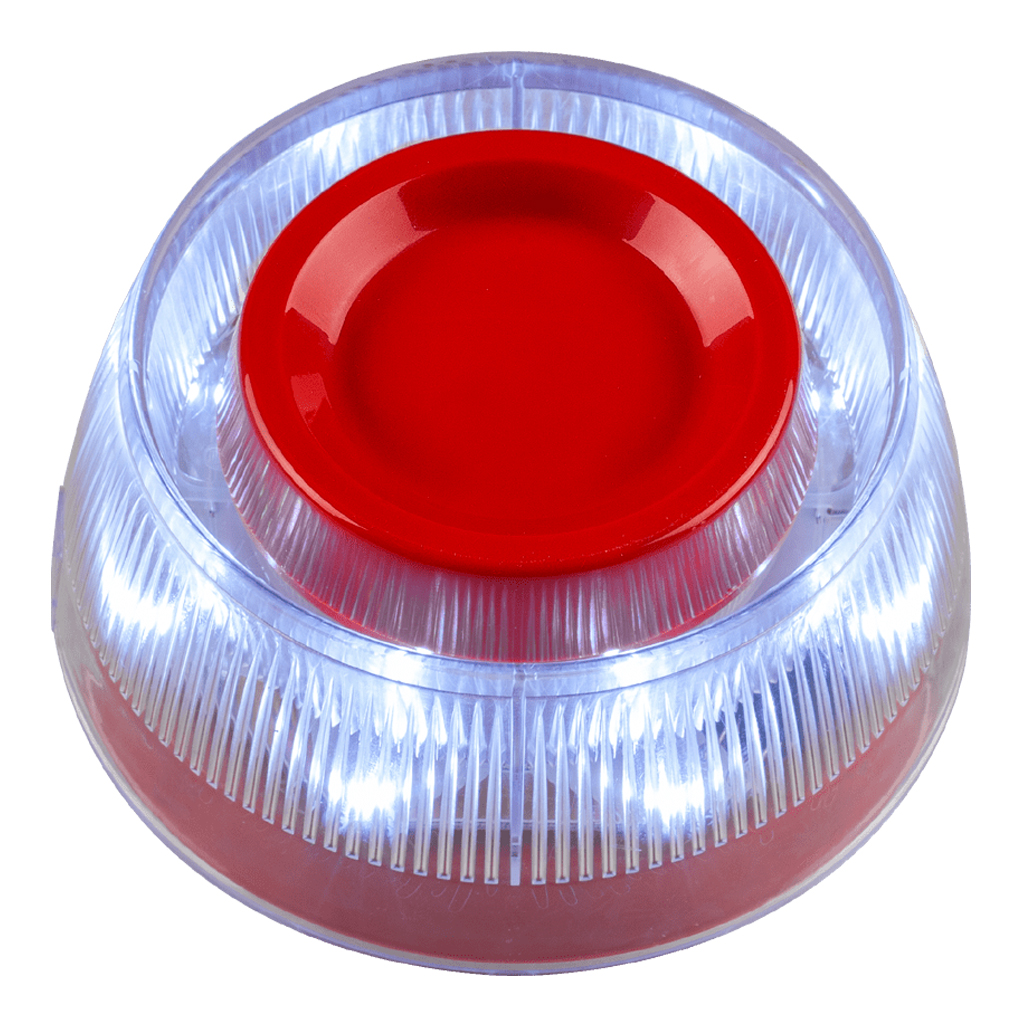 Sirena con flash. Color rojo. Requiere base standard no incluida. Certificado EN54-3/EN54-23