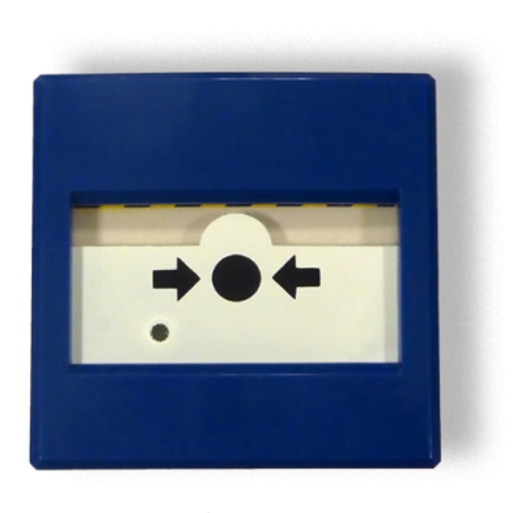 Pulsador de Alarma manual para paro de extinción automática. Color Azul