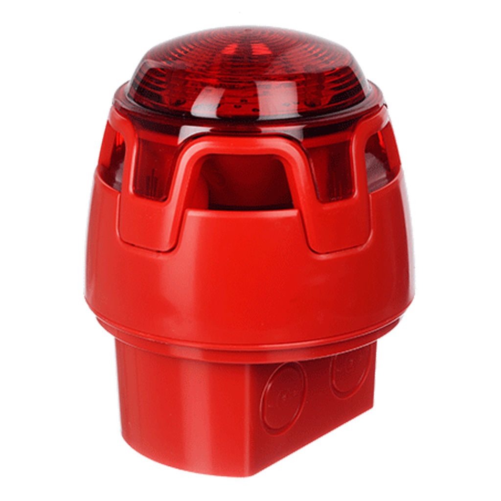 Sirena óptico-acústica con base alta IP65. Clases C y W. Flash rojo