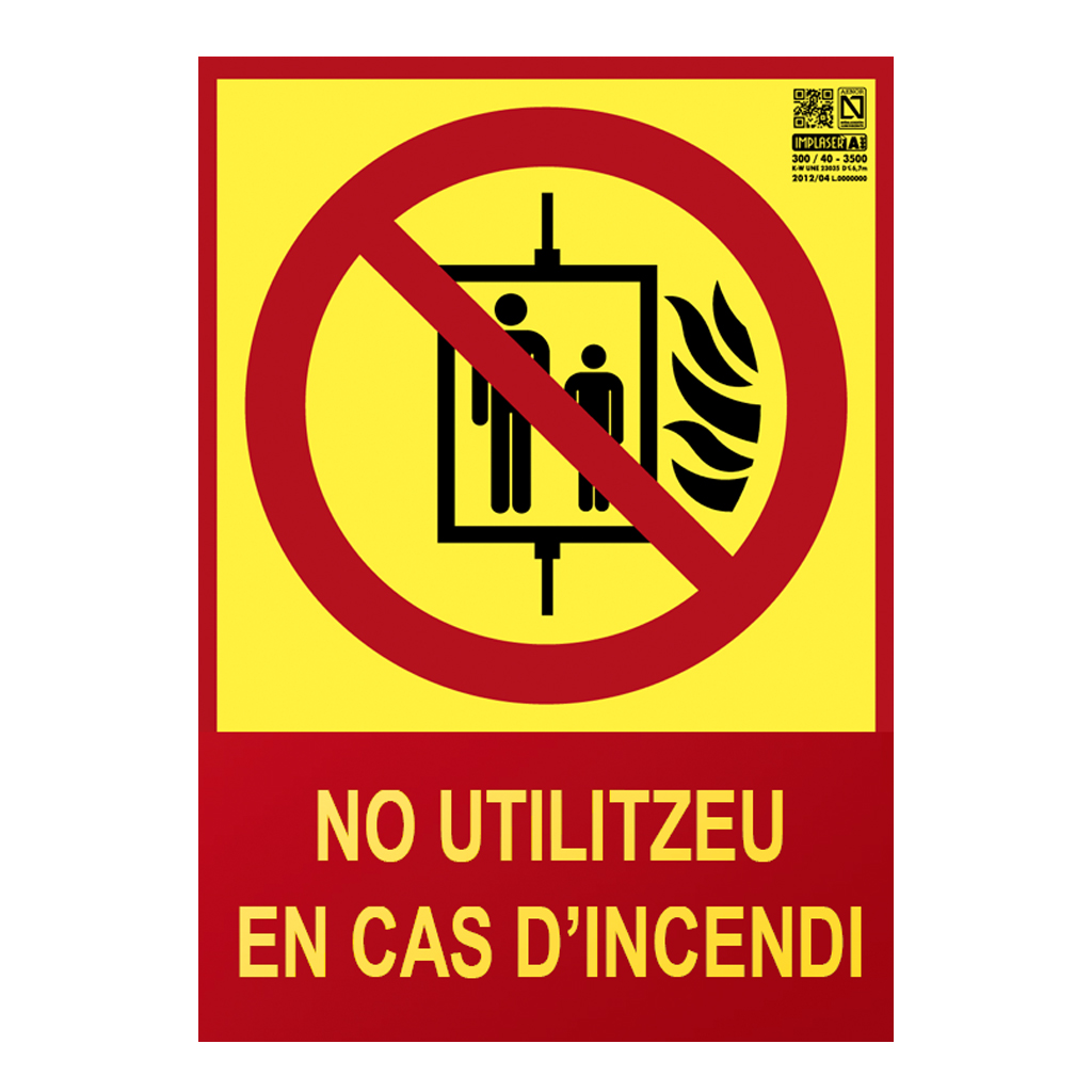 Senyal no utilitzeu en cas d'incendi en català Classe A 21x15cm