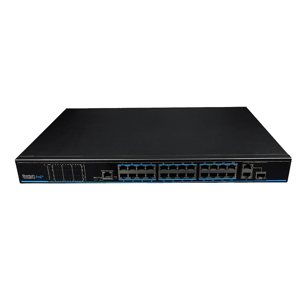 Switch PoE Watchdog 24 puertos 10/100 + 2 Uplink Gigabit + 1 SFP Combo 390W 802.3af/at 6KV - Modo CCTV 250m