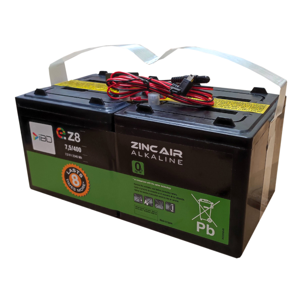 Batería de Zinc-Aire 7.5V-400Ah. Triple conector DC: Jack, mini USB y mólex. Hasta 6/8 Meses