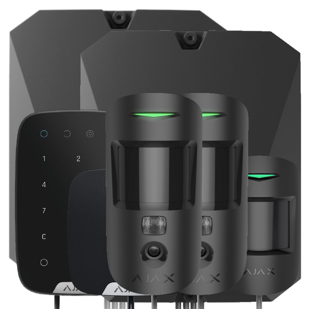 Kit Ajax Fibra negro. Hub Hybrid 2G + FibraMotionProtect + FibraKeypad + FibraHomeSiren +  FibraMultiTransmitter + 2FibraMotionCam