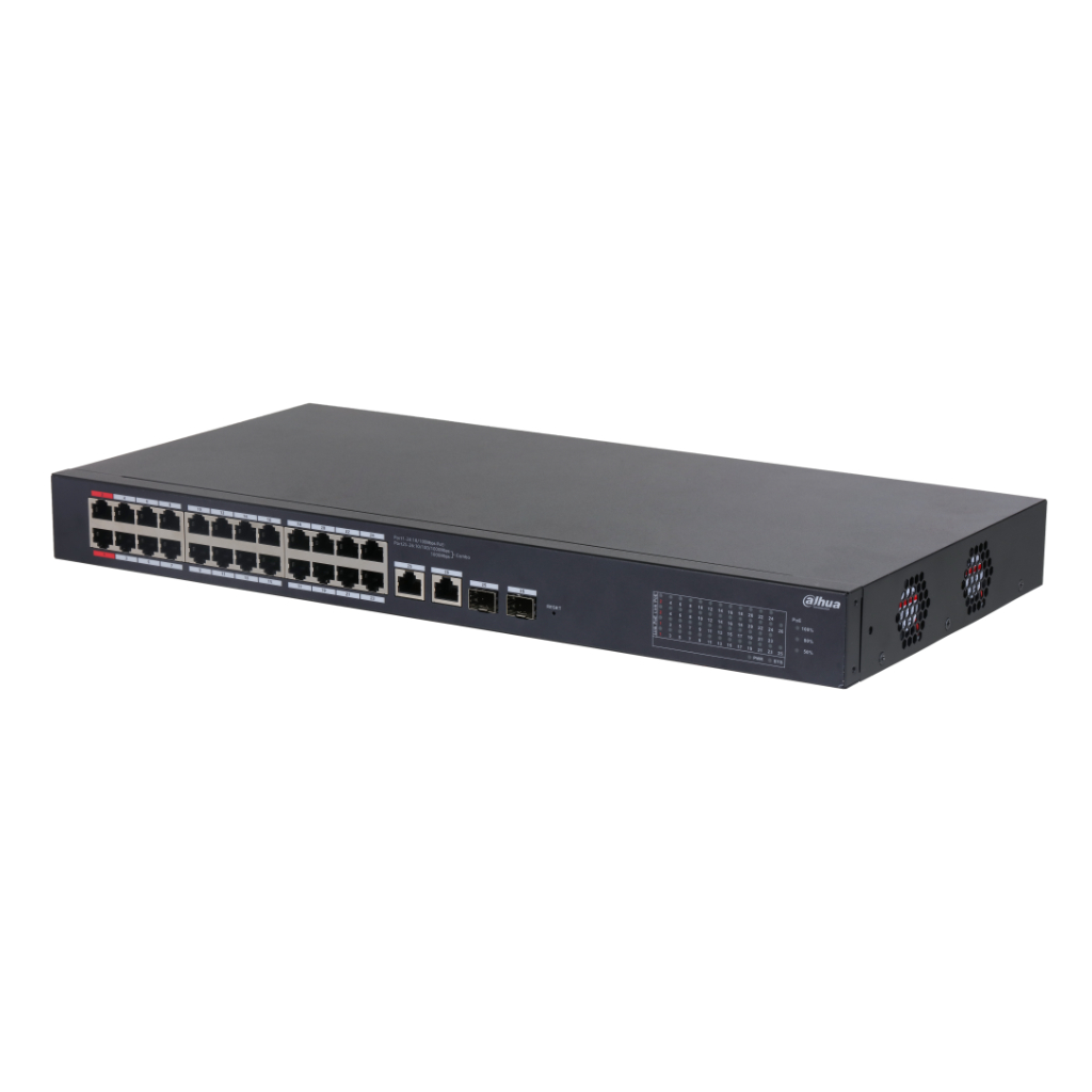 Switch PoE 24 puertos 10/100 + 2 Combo Gigabit RJ45/SFP Uplink 375W Gestionable en Cloud Layer2