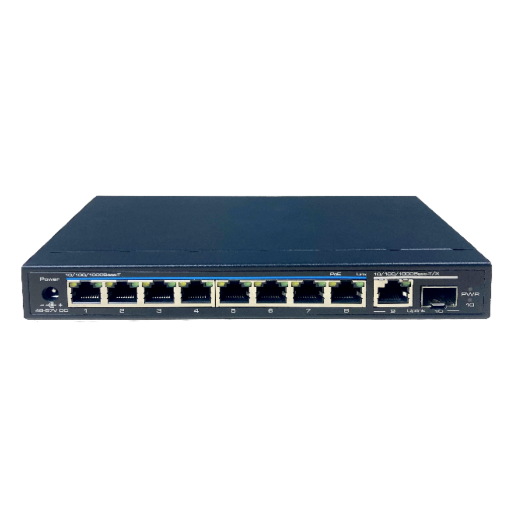 Switch PoE+ 8 puertos Gigabit + 1RJ45 Uplink Gigabit + 1SFP Uplink Gigabit 120W 802.3af/at 6KV - Modo CCTV 250m