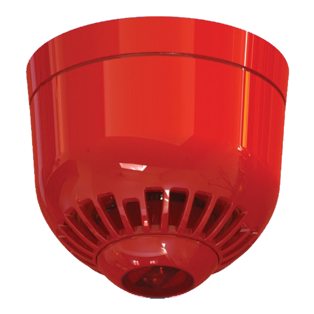 Sirena con flash analogica para montar en techo. Base de perfil bajo. Color rojo con lente roja