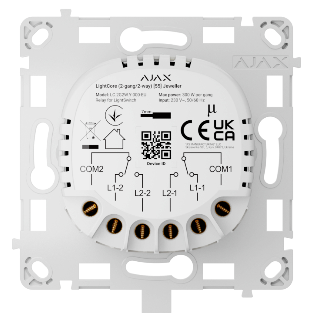 Ajax LightSwitch LightCore 2-gang 2-way Jeweller. Interruptor Doble Conmutado