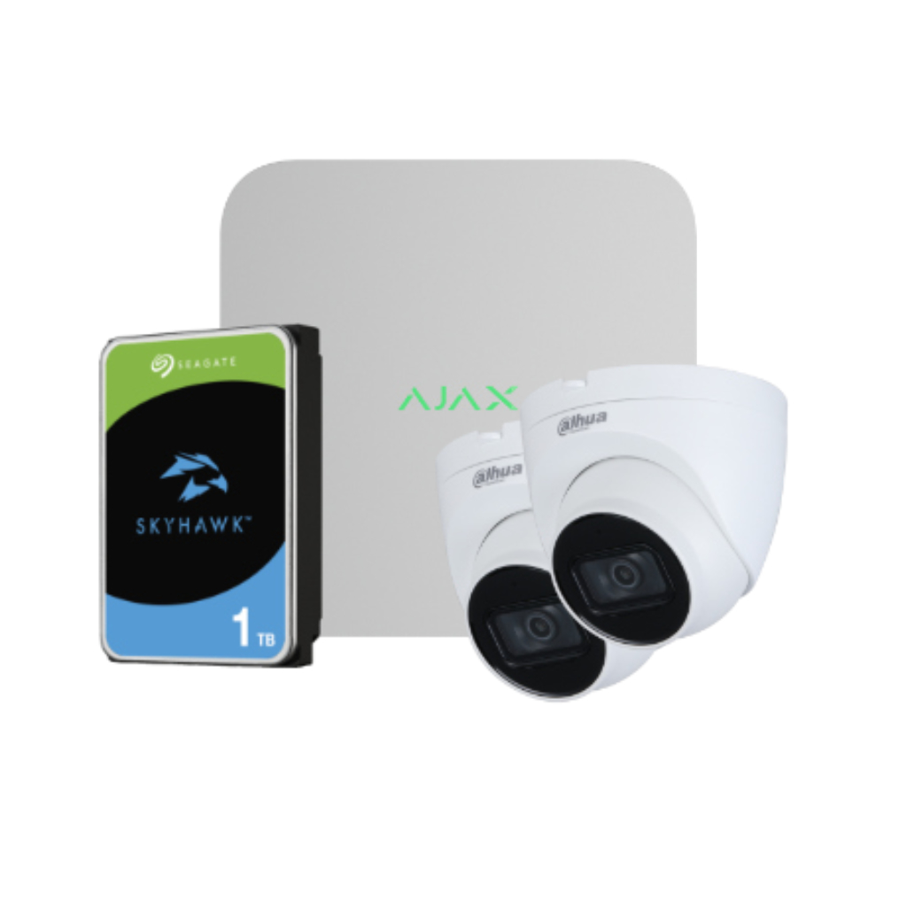 Kit Videovigilancia Ajax-Dahua compuesto por: 1 NVR 8ch Ajax + 2 Cámaras Dahua Domos 2MP 2.8mm + 1 HDD SATA 1TB