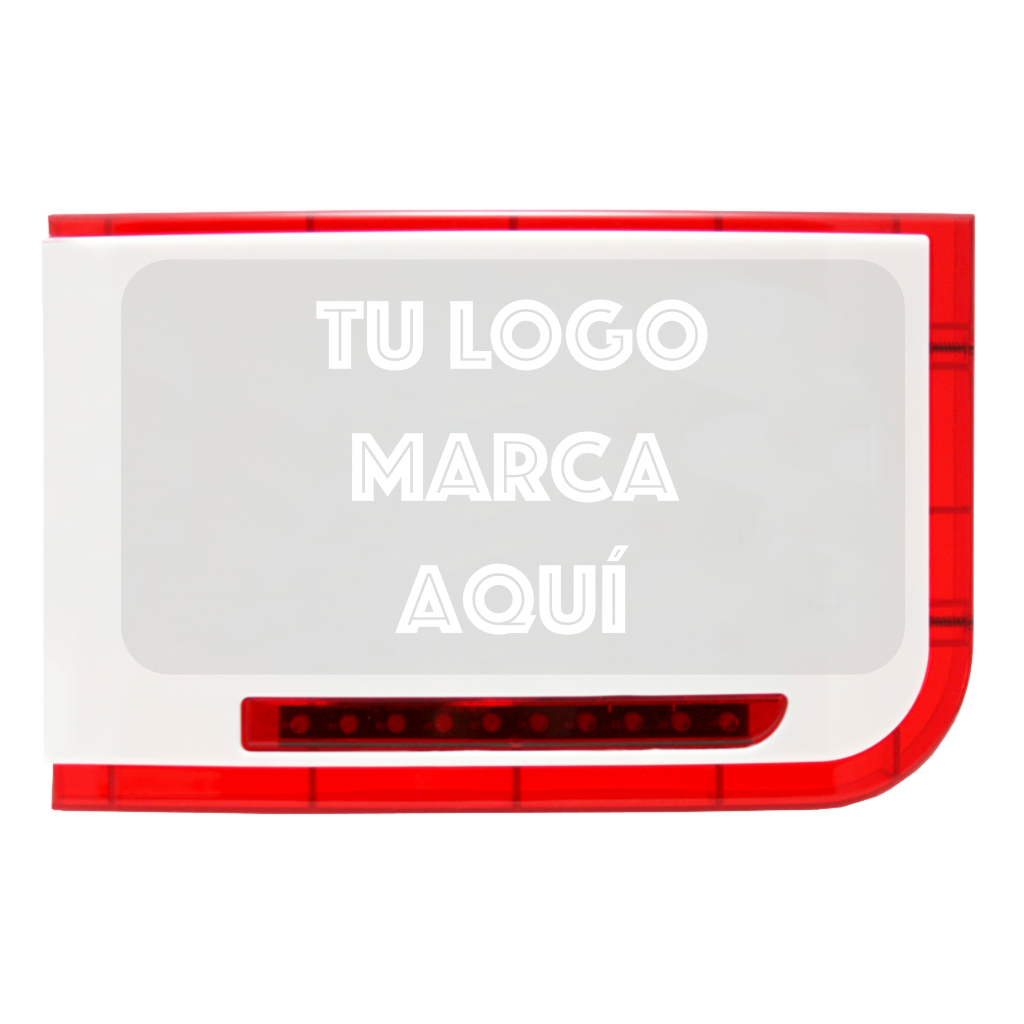 Sirena exterior blanca/roja 115dB con serigrafía PERSONALIZADA. Cantidad mínima 10 unidades