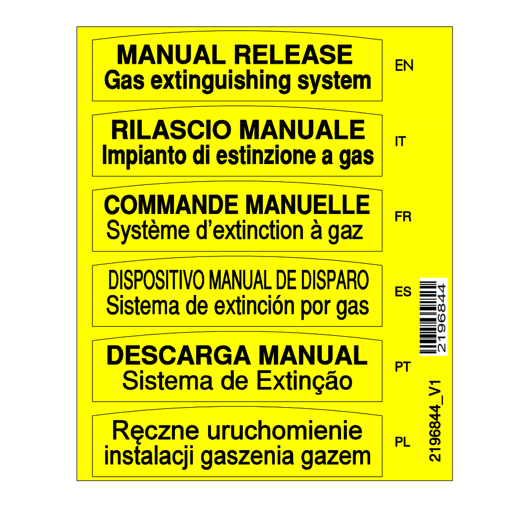 Hoja de etiquetas de puerta de pulsador manual DIN multilingüe convencional. Para pulsador 240315. Color Amarillo