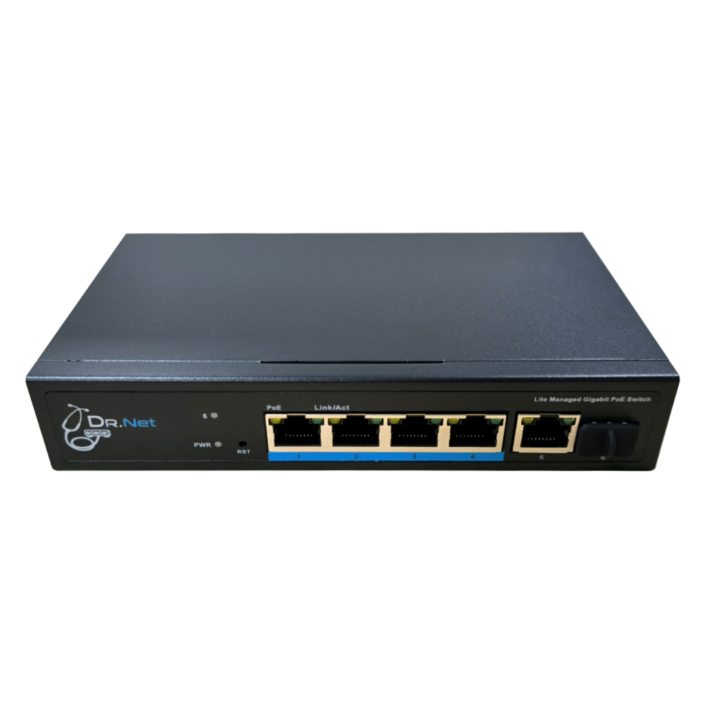 Switch Smart PoE 4 puertos Gigabit + 1RJ45 Uplink Gigabit + 1SFP Uplink Gigabit 60W Gestionable