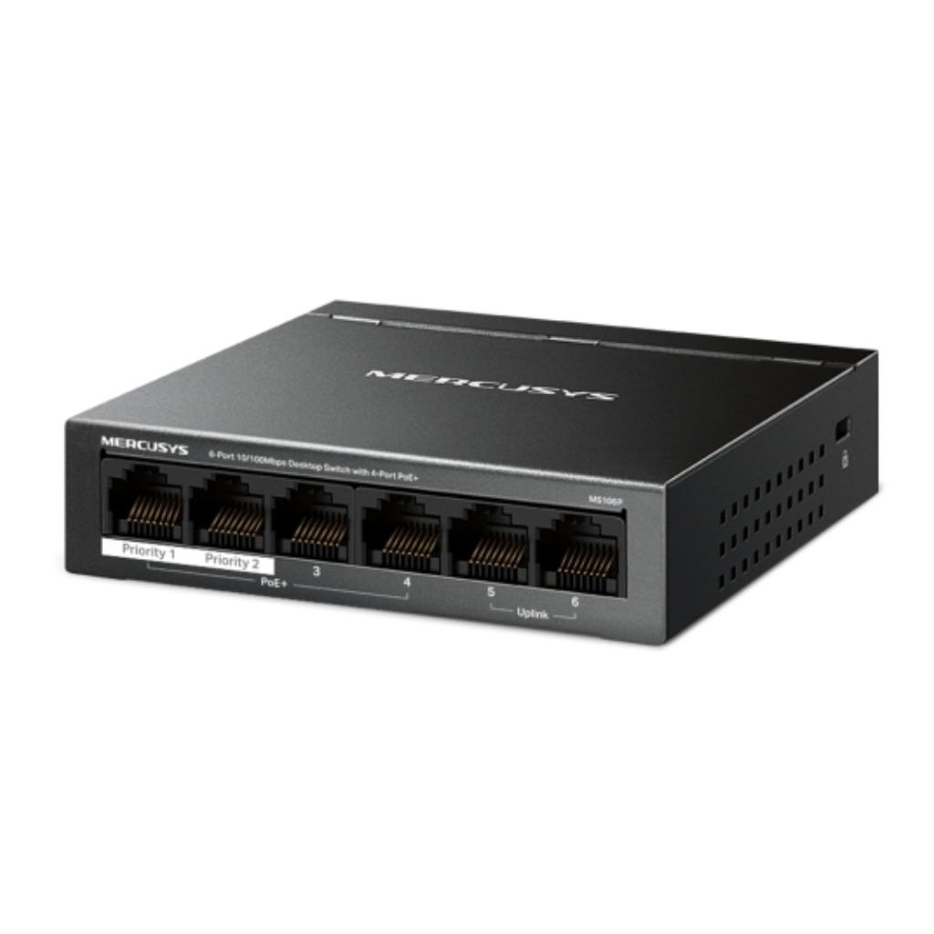 Switch Mercusys 6 puertos 10/100 Mbps con 4 puertos PoE+