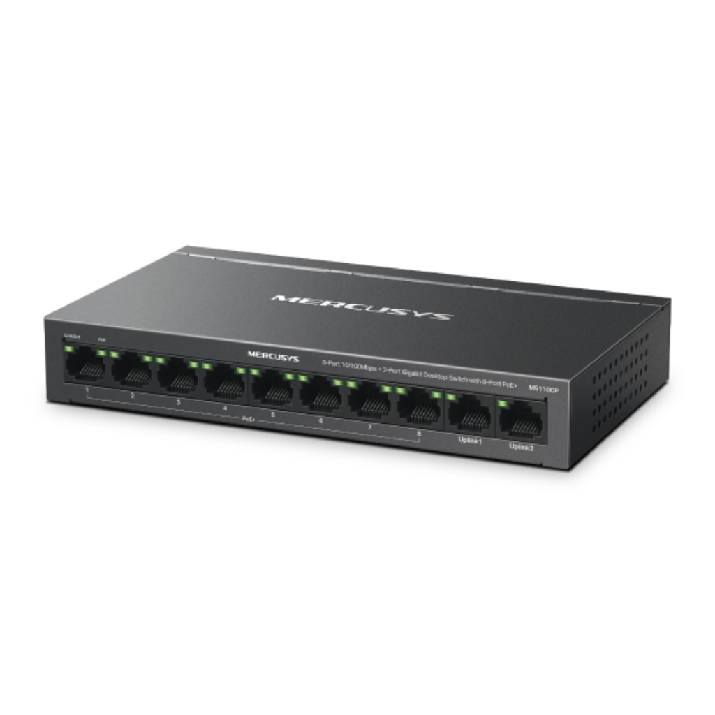 Switch Mercusys 8 puertos 10/100 Mbps + 2 puertos Gigabit con 8 puertos PoE+