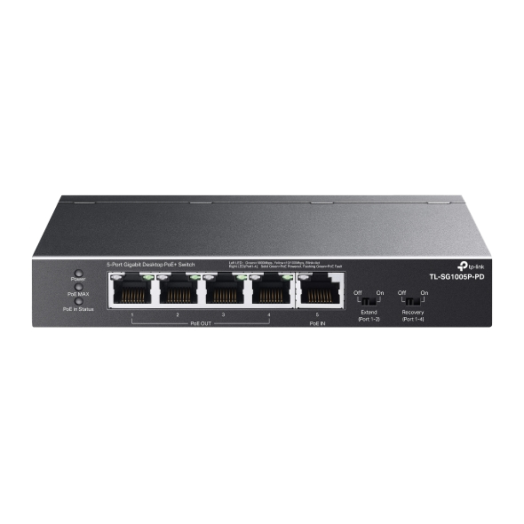 Switch Gigabit 5 puertos con 1 puerto PoE++ IN y 4 puertos PoE+ OUT