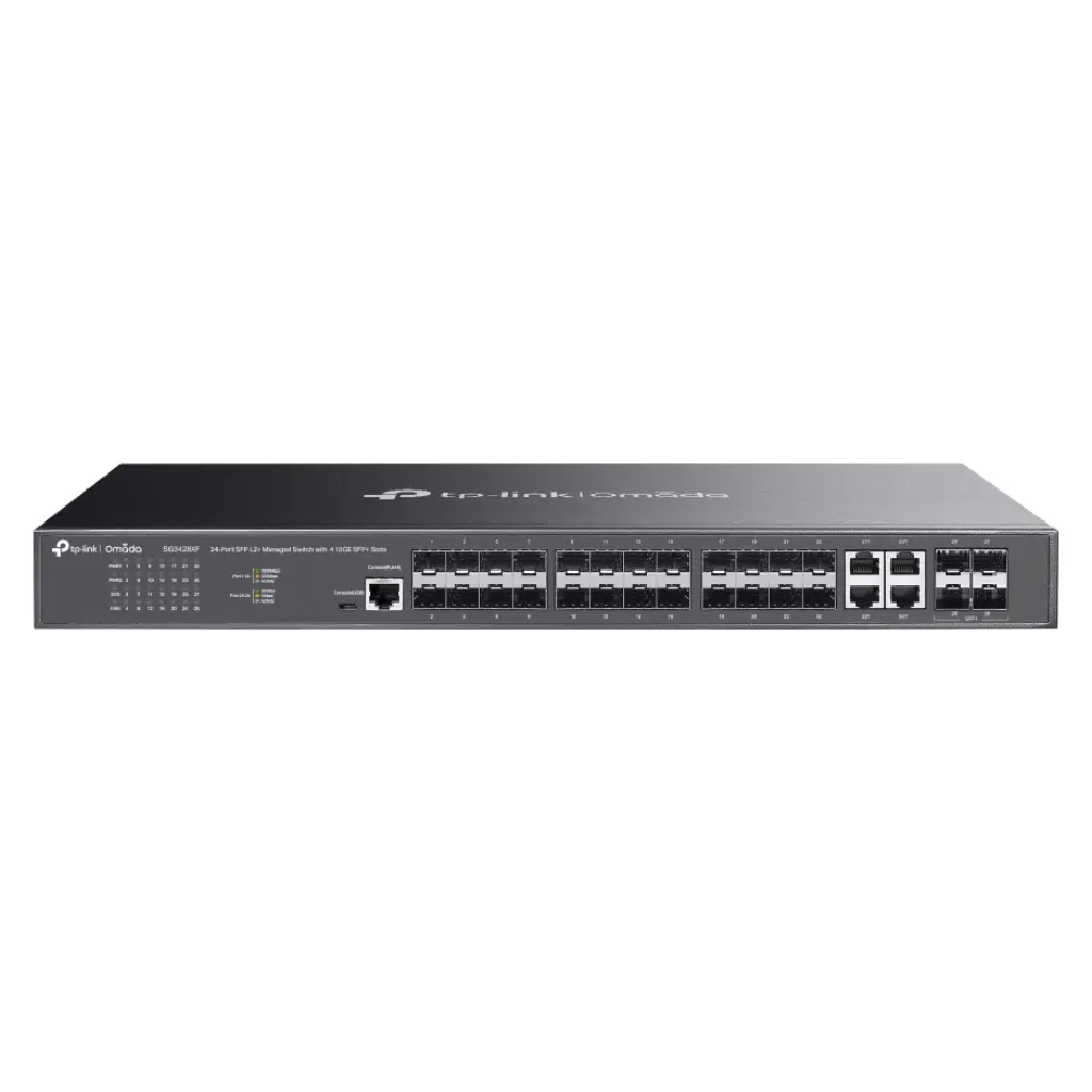 Switch Omada L2+ de 24 puertos SFP a Gigabit y 4 SFP+ a 10G