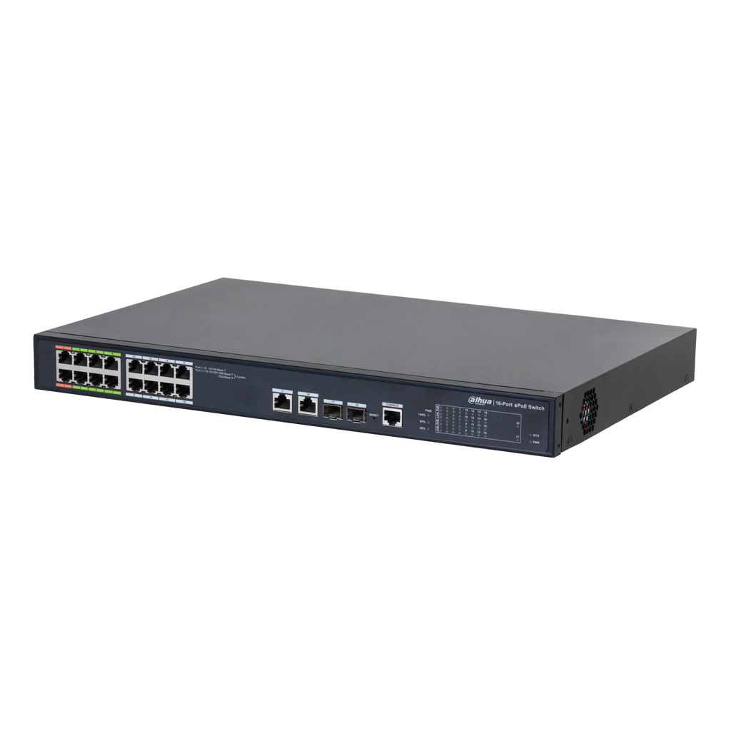 Commutateur EPoE 16 ports 10/100 (8 ePoE / EoC + 8 PoE) + 2 combinés de liaison montante Gigabit / SFP 802.3at 240W administrable, couche 2 - mode ePoE 800m