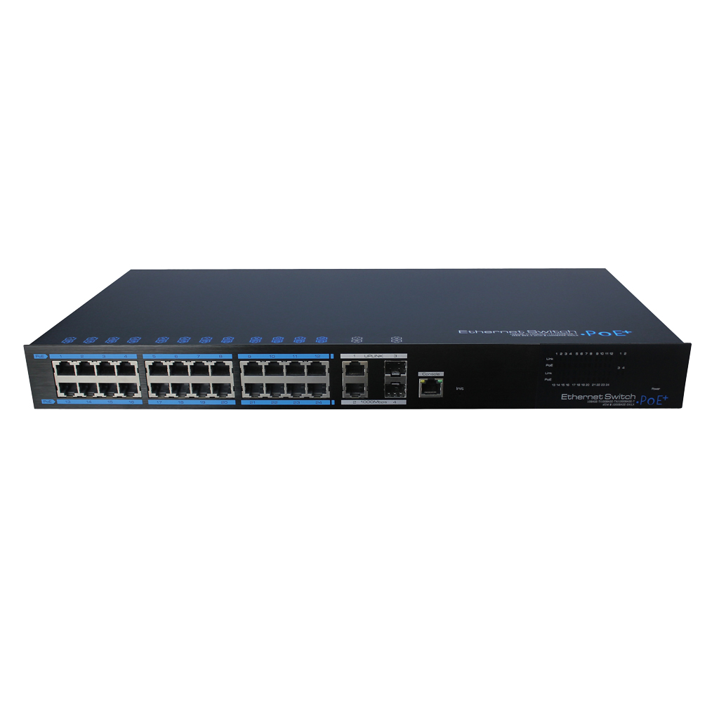 Switch PoE 24 puertos 10/100 + 2 Uplink + 1 Uplink Gigabit SFP Combo 390W 802.3af/at 6KV Manejable Layer 2