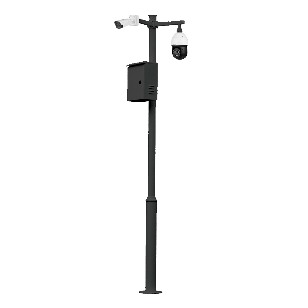 Báculo desmontable de 4,5m de altura en acero galvanizado de color negro con soporte para cámara y speed dome