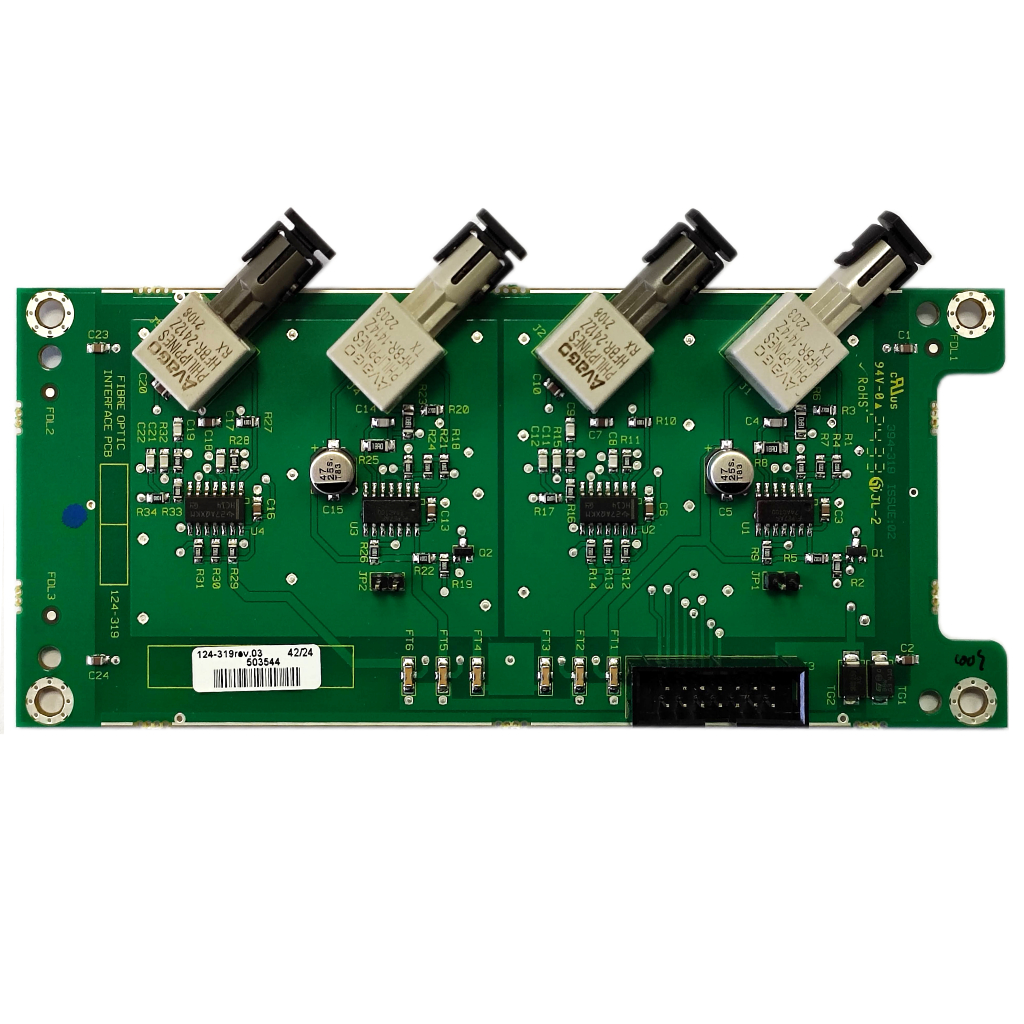 [020-643] Tarjeta para conectar las centrales ID3000 con la red ID2net mediante fibra óptica multimodo.