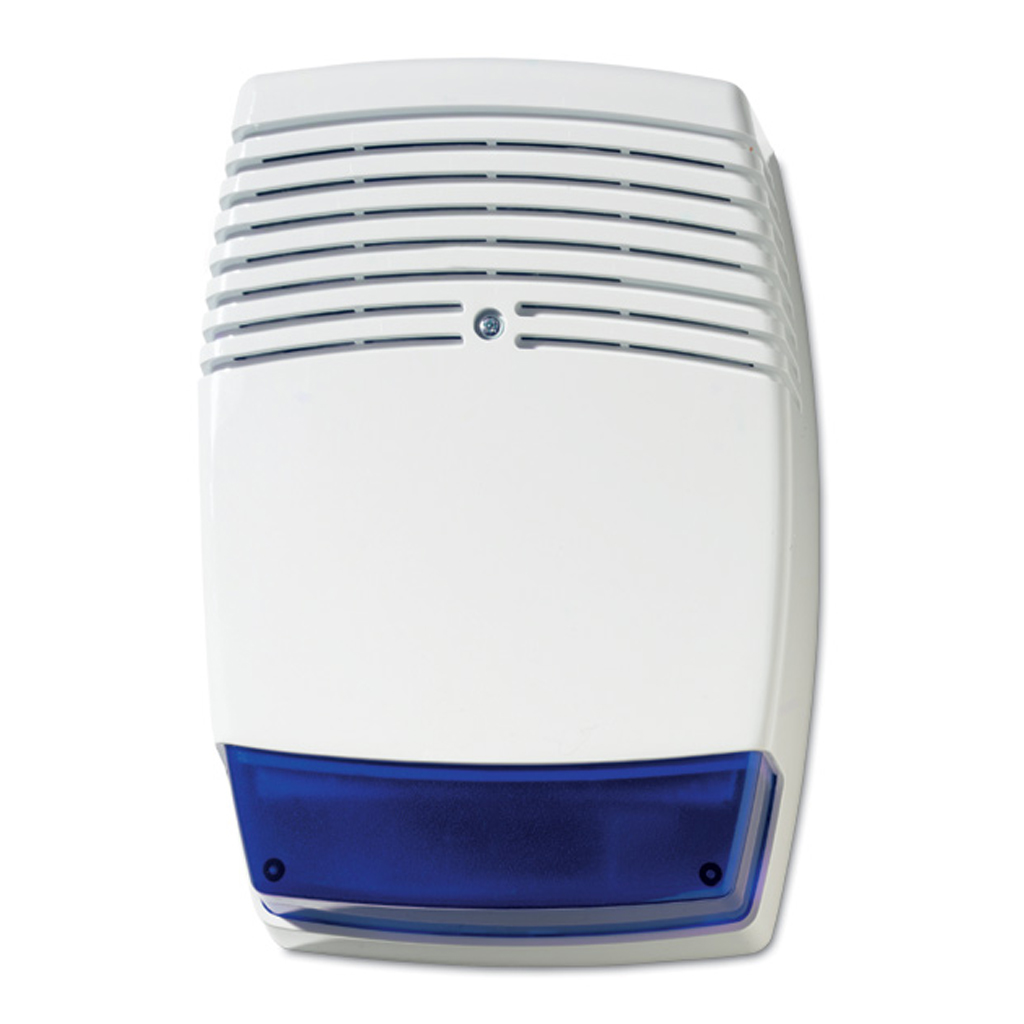 [AS619] Sirena de exterior autoalimentada con protección metálica interna. Color blanco con lente azul. Grado 3