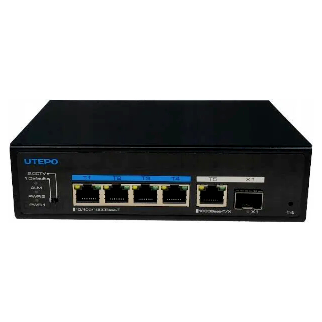 [UTP6306TS-PSD-W] Switch PoE++ 4 puertos Gigabit + 1RJ45 Uplink Gigabit + 1SFP Uplink Gigabit 802.3af/at/bt 6KV DC12V-57V(amplia gama)