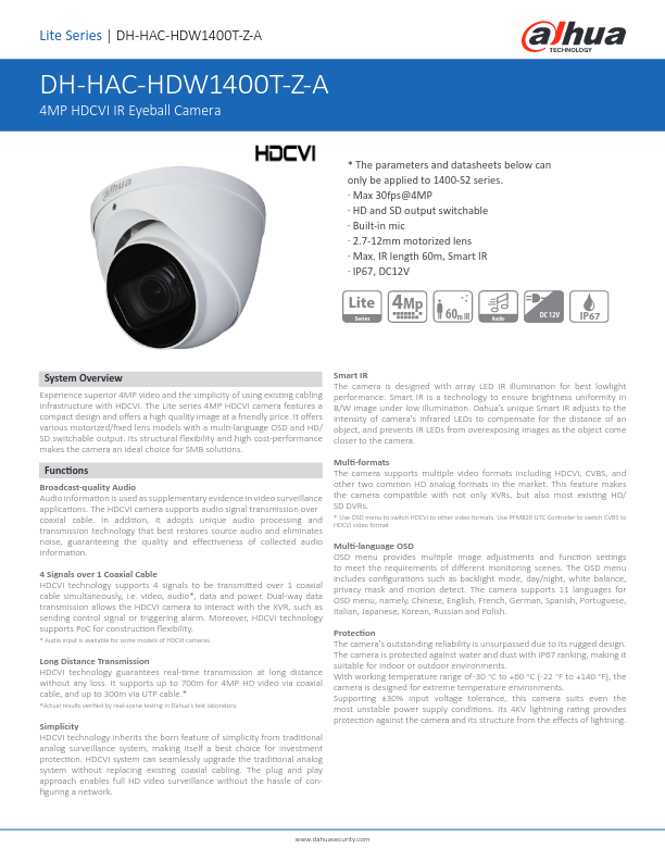 HAC-HDW1400T-Z-A - Ficha Técnica Dahua