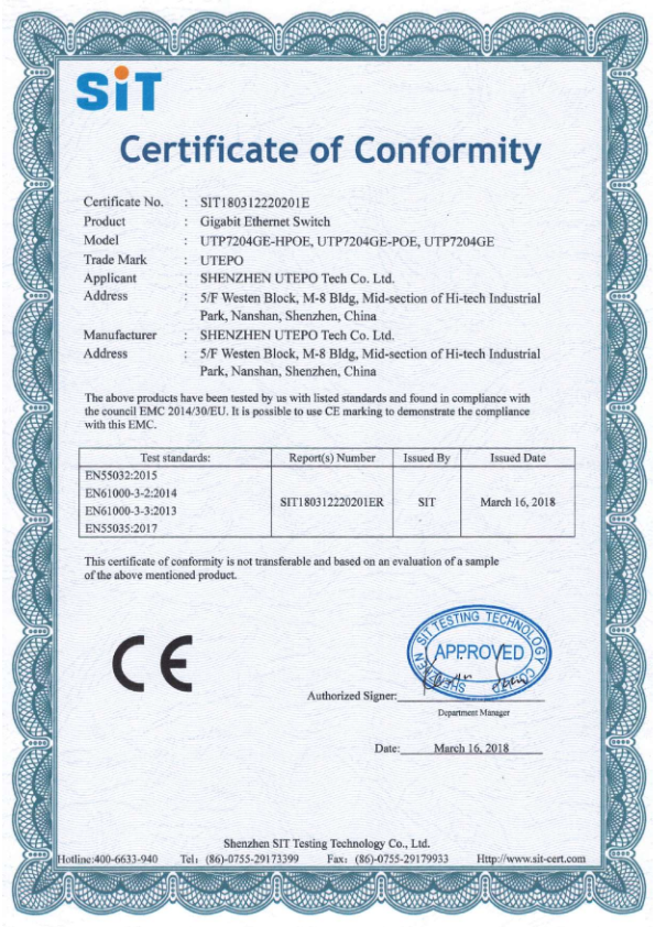 UTP7204GE(-POE)(-HPOE) - Certificado CE
