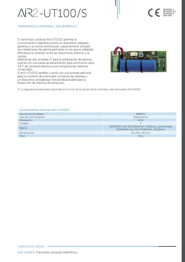 AIR2-UT100 - Ficha Técnica Inim