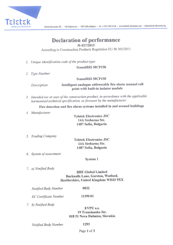 SensoIRIS-MCP150 - Certificado DoP