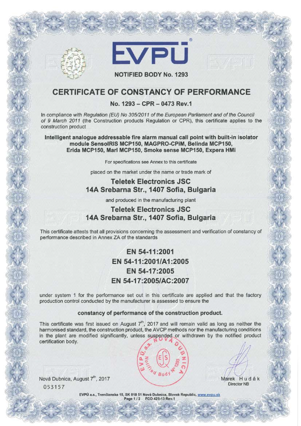 SENSOIRIS-MCP150 - Certificado CPD/CPR