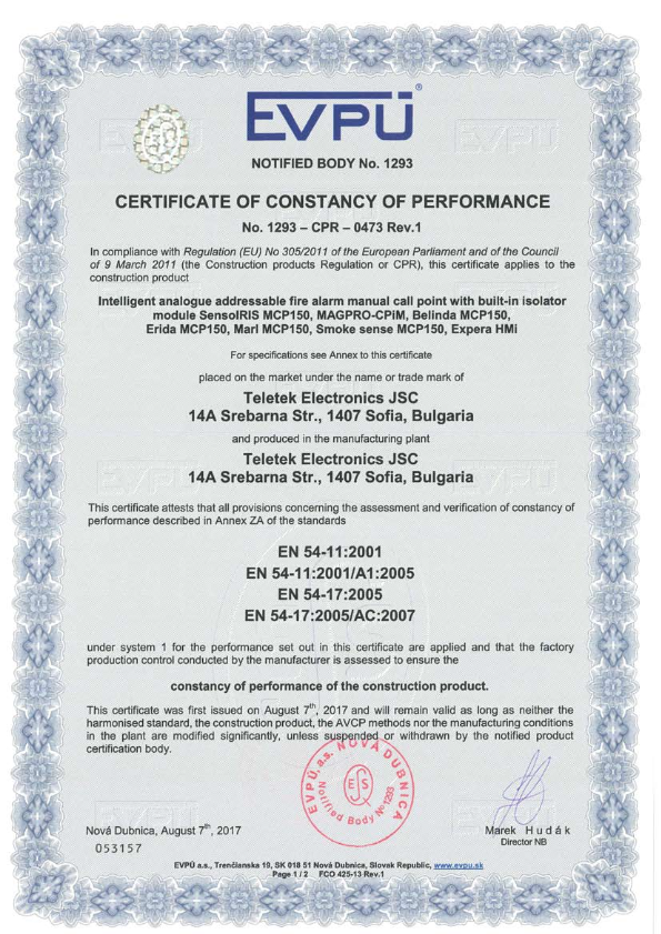 SensoIRIS-MCP150 - Certificado CPD/CPR